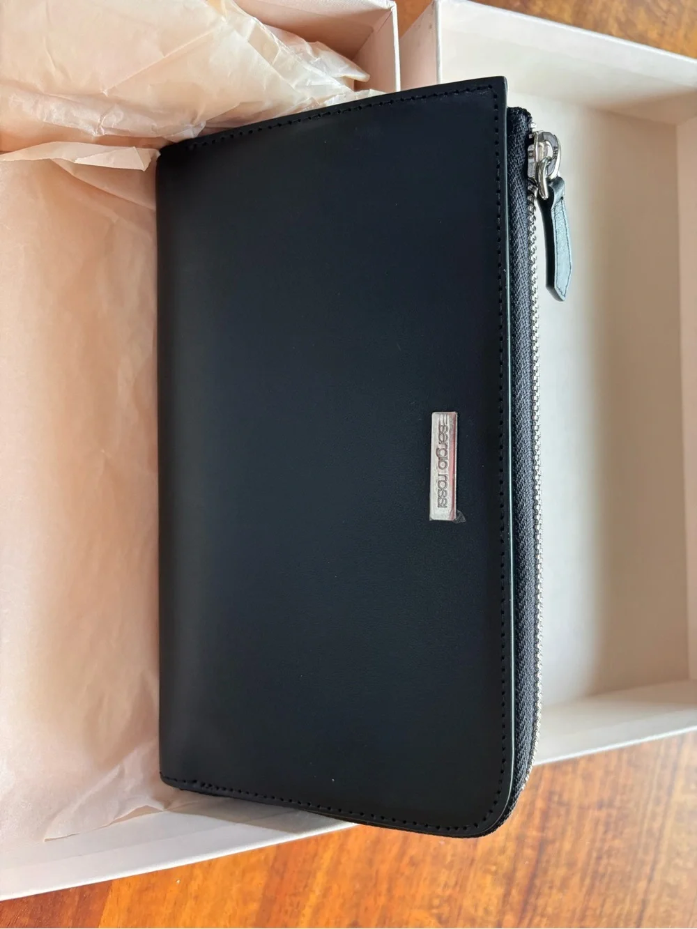 NIB Sergio Rossi Leather Zip-Around Wallet - Black